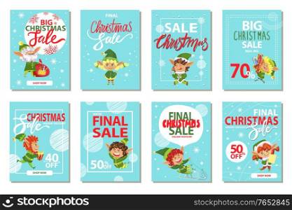 Christmas discounts, final sale 70 percent off. Promotional posters with calligraphic inscription and xmas character. Elves kids, boys and girls leprechauns on cards with bokeh effect vector. Christmas Sale and Discounts, Promotion Collection