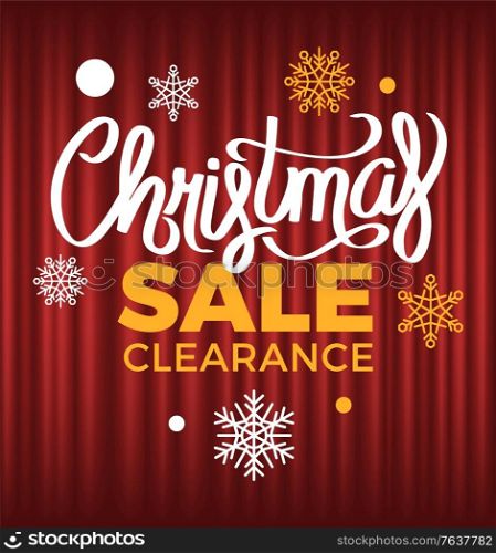 Christmas discounts snowfall vector, winter holidays price reduction. Clearance and discounts offering from shops and market. Snowflakes on red curtain. Christmas Sale Clearance from Shops Winter Offer