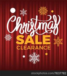 Christmas discounts snowfall vector, winter holidays price reduction. Clearance and discounts offering from shops and market. Snowflakes on red curtain. Christmas Sale Clearance from Shops Winter Offer