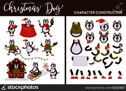 Christmas dog character constructor canine on winter holiday vector doggy wearing Santa Claus hat emotions and face expressions of pet in knitted warm sweater sack with presents and celebrating gifts.. Christmas dog character constructor canine on winter holiday