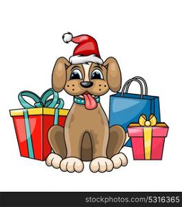 Christmas Dog in Red Santa Hat with Gift Boxes, Presents. Character Poopy. Christmas Dog in Red Santa Hat with Gift Boxes, Presents. Character Poopy - Illustration Vector