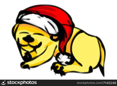 Christmas dog wearing red Santa Claus hat sleeping in holidays. Childish style drawing