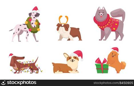 Christmas dogs. Funny domestic animals puppy in sweater and scarf preparing to new year holiday winter clothes for dogs vector cartoon characters. Illustration of dog in cartoon christmas costume. Christmas dogs. Funny domestic animals puppy in sweater and scarf preparing to new year holiday winter clothes for dogs exact vector cartoon characters