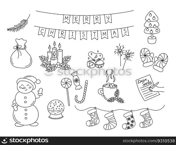 Christmas dood≤s vector set. Hand drawn black holiday e≤ments isolated on white background. Christmas scribb≤outli≠objects tree, snowman, socks, jing≤bells. Illustration. Christmas dood≤s vector set. Hand drawn black holiday e≤ments isolated on white background. Christmas scribb≤outli≠objects tree, garland, jing≤bells. Illustration
