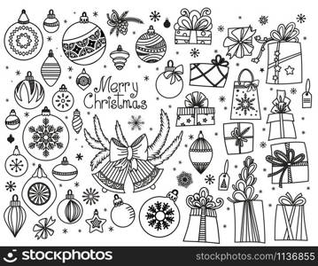 Christmas doodle collection. Hand drawn cartoon gift boxes in various shapes, balls, bells and toys with ribbons and bow. Vector illustration isolated on white background. Design elements collection.. Christmas doodle collection