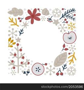Christmas doodle hand drawn vector floral square frame with branches and snowflakes for text decoration. Cute holiday Scandinavian style illustration.. Christmas doodle hand drawn vector floral square frame with branches and snowflakes for text decoration. Cute holiday Scandinavian style illustration