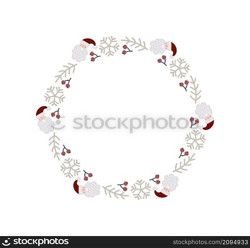 Christmas doodle hand drawn vector frame with snowflake, face santa and branch wreath for text decoration. Cute holiday Scandinavian style illustration.. Christmas doodle hand drawn vector frame with snowflake, face santa and branch wreath for text decoration. Cute holiday Scandinavian style illustration