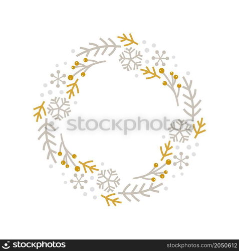 Christmas doodle hand drawn vector wreath floral branch and snowflakes frame for text decoration. Cute Scandinavian style illustration.. Christmas doodle hand drawn vector wreath floral branch and snowflakes frame for text decoration. Cute Scandinavian style illustration