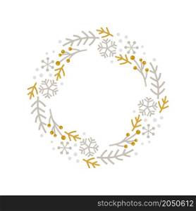 Christmas doodle hand drawn vector wreath floral branch and snowflakes frame for text decoration. Cute Scandinavian style illustration.. Christmas doodle hand drawn vector wreath floral branch and snowflakes frame for text decoration. Cute Scandinavian style illustration