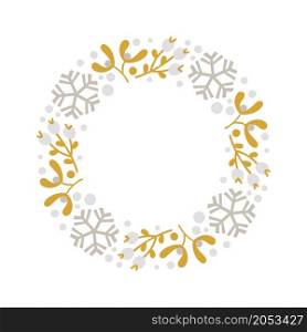 Christmas doodle hand drawn vector wreath floral branch and snowflakes frame for text decoration. Cute Scandinavian style illustration.. Christmas doodle hand drawn vector wreath floral branch and snowflakes frame for text decoration. Cute Scandinavian style illustration