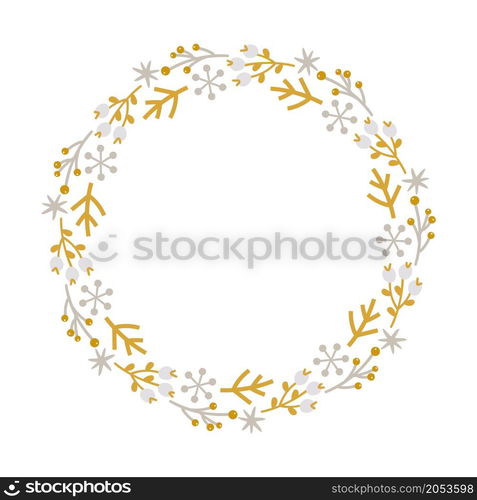 Christmas doodle hand drawn vector wreath floral branch and snowflakes frame for text decoration. Cute holiday Scandinavian style illustration.. Christmas doodle hand drawn vector wreath floral branch and snowflakes frame for text decoration. Cute holiday Scandinavian style illustration