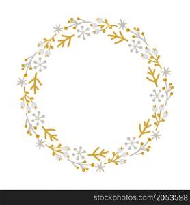 Christmas doodle hand drawn vector wreath floral branch and snowflakes frame for text decoration. Cute holiday Scandinavian style illustration.. Christmas doodle hand drawn vector wreath floral branch and snowflakes frame for text decoration. Cute holiday Scandinavian style illustration