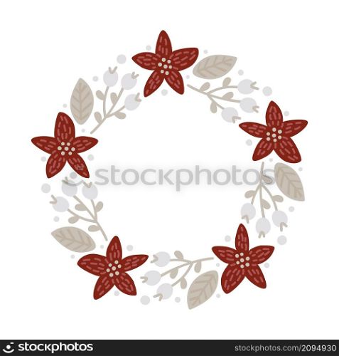Christmas doodle hand drawn vector wreath floral branch, leaves and snowflakes frame for text decoration. Cute holiday Scandinavian style illustration.. Christmas doodle hand drawn vector wreath floral branch, leaves and snowflakes frame for text decoration. Cute holiday Scandinavian style illustration