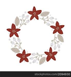 Christmas doodle hand drawn vector wreath floral branch, leaves and snowflakes frame for text decoration. Cute holiday Scandinavian style illustration.. Christmas doodle hand drawn vector wreath floral branch, leaves and snowflakes frame for text decoration. Cute holiday Scandinavian style illustration