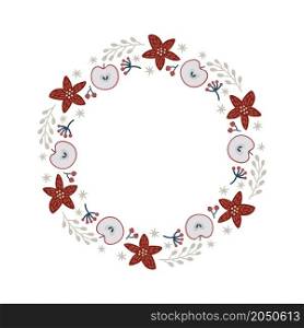 Christmas doodle hand drawn vector wreath floral Poinsettia branch and apples frame for text decoration. Cute Scandinavian style illustration.. Christmas doodle hand drawn vector wreath floral Poinsettia branch and apples frame for text decoration. Cute Scandinavian style illustration