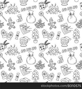 Christmas doodle pattern black and white. Vector seamless background with outline hand drawn Christmas holiday elements. Xmas design objects. Doodle repeat illustration.