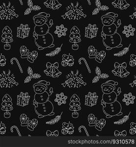 Christmas doodle pattern black and white. Vector seamless background with outline hand drawn Christmas holiday elements. Xmas design objects. Doodle repeat illustration.. Christmas doodle pattern black and white. Vector seamless background with outline hand drawn Christmas holiday elements. Xmas design objects. Doodle repeat illustration