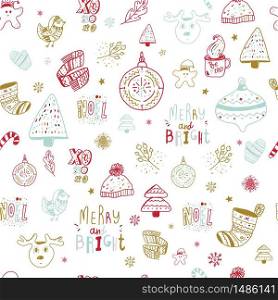 Christmas doodle seamless pattern, hand drawn scandinavian style new year design elements for isolated on white background