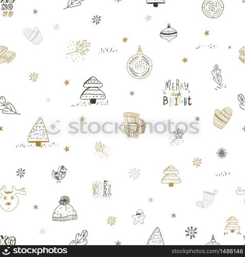 Christmas doodle seamless pattern, hand drawn scandinavian style new year design elements for isolated on white background.. Christmas doodle seamless pattern, hand drawn scandinavian style new year design elements for isolated on white background