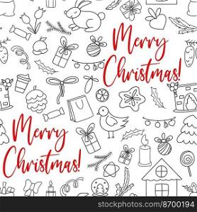 Christmas doodle seamless pattern. Simple Christmas background for packaging, paper, textiles and design. Hand drawn winter attributes continuously vector illustration