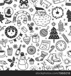 Christmas doodle seamless pattern with hand drawn xmas scribbles. New year, winter holiday season cute doodles vector background texture. Festival wreath, gift boxes and fir trees, santa claus