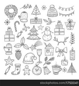 Christmas doodle set. Sketch christmas wreath, fir-tree and snowman, candles. Candies, santa hat and gift boxes vector isolated set. Illustration merry christmas doodle, holiday tree decoration. Christmas doodle set. Sketch christmas wreath, fir-tree and snowman, candles. Candies, santa hat and gift boxes vector isolated set