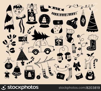 Christmas doodles. Collection New Years decor, gifts, Christmas sock, car with Christmas tree, garland, mittens, bell, gingerbread, mistletoe and caramel stick. Isolated decorative vector hand drawn.