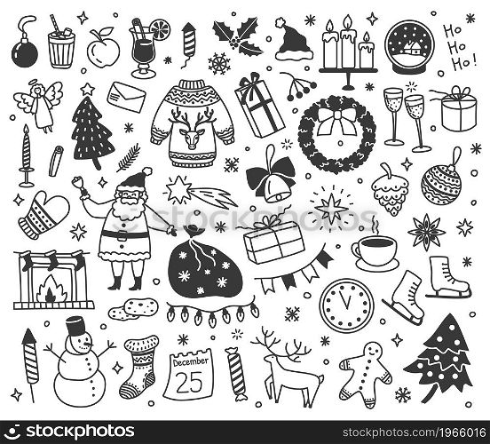 Christmas doodles, hand drawn xmas sketch drawings. Cute new year winter decorations, presents, santa, snowman doodle elements vector set. Fir tree holiday decor as garlands, drinks and food