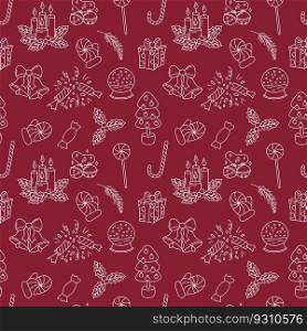 Christmas doodles pattern. Vector seamless background with outline hand drawn Christmas holiday elements. Xmas design objects. Doodle repeat illustration.. Christmas doodles pattern. Vector seamless background with outline hand drawn Christmas holiday elements. Xmas design objects. Doodle repeat illustration