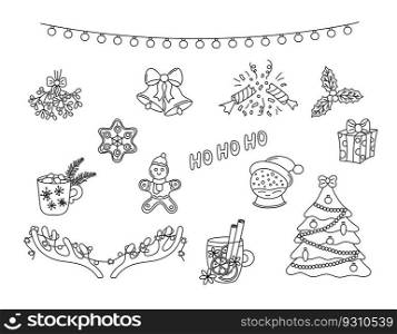 Christmas doodles vector set. Hand drawn black holiday elements isolated on white background. Scribble outline objects Christmas tree, garland, mistletoe, holly, gingerbreads. Illustration. Christmas doodles vector set. Hand drawn black holiday elements isolated on white background. Christmas scribble outline objects tree, garland, jingle bells. Illustration