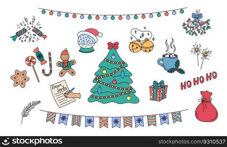 Christmas doodles vector set. Hand drawn colorful holiday elements isolated on white background. Christmas outline design objects tree, garland, jingle bells. Doodle illustration.. Christmas doodles vector set. Hand drawn colorful holiday elements isolated on white background. Christmas outline design objects tree, garland, jingle bells. Doodle illustration