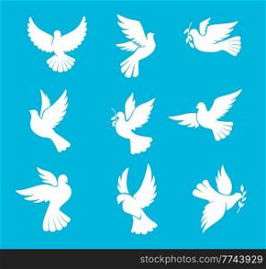 Christmas dove or wedding pigeon silhouettes, vector bird of peace and winter holiday. White dove with olive branch leaf, symbol of hope and freedom, wedding or Christmas greeting card icons. Christmas dove or wedding pigeon bird silhouettes