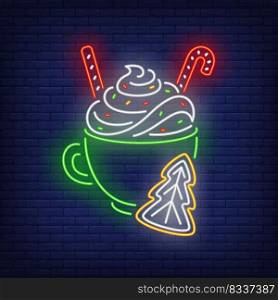 Christmas drink neon sign. Cocoa, cream, egg-nog, mug, cookie, candy cane. Vector illustration in neon style for topics like Christmas, dessert, sweet