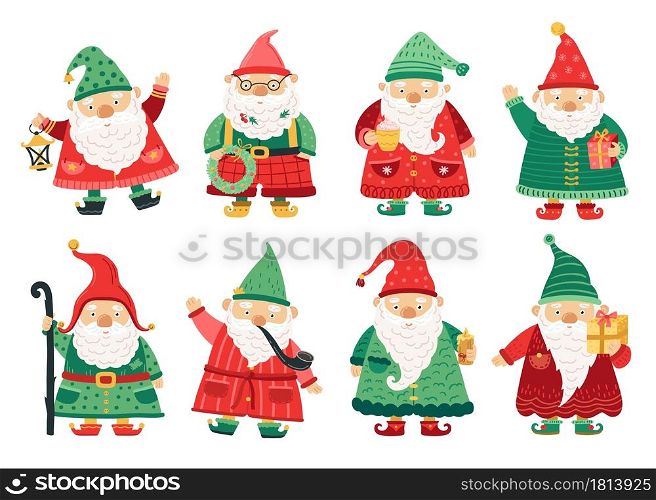 Christmas dwarfs. Cute fairytale gnome, old beard men greeting with x-mas. Home garden magical characters, winter holiday fantasy vector set. Christmas holiday character, winter dwarf, xmas elf of set. Christmas dwarfs. Cute fairytale gnome, old beard men greeting with x-mas. Home garden magical characters, winter holiday fantasy vector set