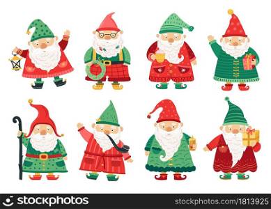 Christmas dwarfs. Cute fairytale gnome, old beard men greeting with x-mas. Home garden magical characters, winter holiday fantasy vector set. Christmas holiday character, winter dwarf, xmas elf of set. Christmas dwarfs. Cute fairytale gnome, old beard men greeting with x-mas. Home garden magical characters, winter holiday fantasy vector set