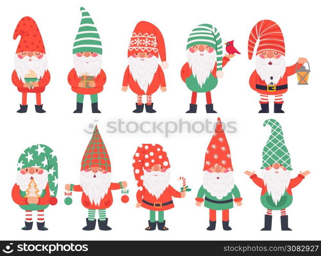 Christmas dwarfs. Funny fabulous gnomes in red costumes, xmas gnome with lantern traditional decoration, winter holiday vector characters. Illustration christmas dwarf character collection. Christmas dwarfs. Funny fabulous gnomes in red costumes, xmas gnome with lantern traditional decoration, winter holiday vector characters