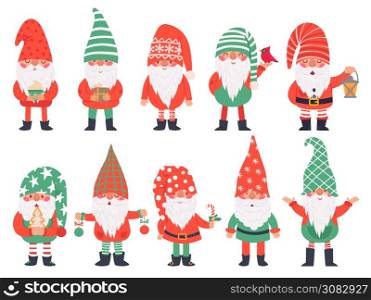 Christmas dwarfs. Funny fabulous gnomes in red costumes, xmas gnome with lantern traditional decoration, winter holiday vector characters. Illustration christmas dwarf character collection. Christmas dwarfs. Funny fabulous gnomes in red costumes, xmas gnome with lantern traditional decoration, winter holiday vector characters