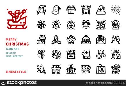 Christmas elements line icon vector set. Design in 32x32 pixel perfect.