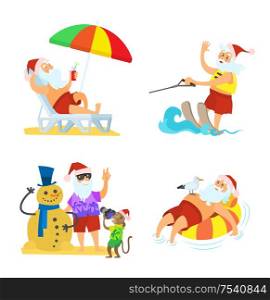 Christmas elements of holiday with relaxing and having fun Santa Claus on sea beach. Summer colorful isolated illustration with white background vector. Christmas Elements of Holiday with Santa Vector
