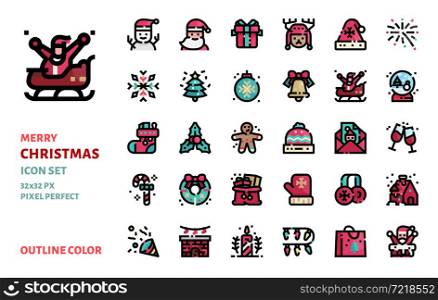 Christmas elements outline color icon vector set. Design in 32x32 pixel perfect.