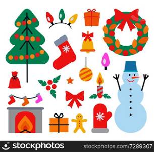 Christmas elements set of icons of evergreen tree with garland, snowman and gingerbread man, fireplace and socks, presents vector illustration. Christmas Elements Icons Set Vector Illustration
