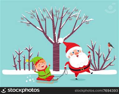 Christmas elf and Santa riding on sleigh, winter holiday vector. Little helper sledding, snow on bare trees, fairy tale characters. New Year or Xmas time, bird on branch, walk in forest illustration. Santa and Elf on Sleigh, Christmas and New Year
