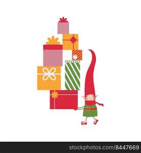 Christmas elf carries boxes with gifts. Cute new year illustration for children