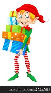 Christmas Elf Carrying a Stack of Christmas Presents, vector illustration