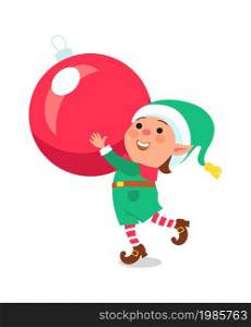 Christmas elf. Cartoon funny magical creature, little helper of Santa Claus, christmas gnome, kids with xmas tree decoration, happy dwarf winter holidays celebration vector flat style isolated set. Christmas elf. Cartoon funny magical creature, little helper of Santa Claus, christmas gnome, kids with xmas tree decoration, dwarf winter holidays celebration vector flat isolated set