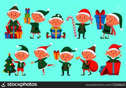 Christmas elf character. Cute Santa Claus helpers elves. Funny Xmas winter baby dwarf little fantasy helper characters creature with gift, new year vector isolated symbols set. Christmas elf character. Cute Santa Claus helpers elves. Funny Xmas winter baby dwarf characters vector set