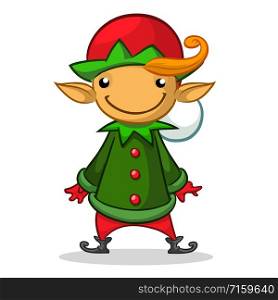 Christmas elf character in red hat. Illustration of Christmas greeting card with cute elf on simple white background.