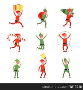 Christmas elf characters. Santa elves, young xmas helper in hat with gift. Isolated dwarf working, funny winter new year workers vector set. Illustration character elf christmas, xmas dwarf with gifts. Christmas elf characters. Santa elves, young xmas helper in hat with gift. Isolated dwarf working, funny winter new year workers vector set
