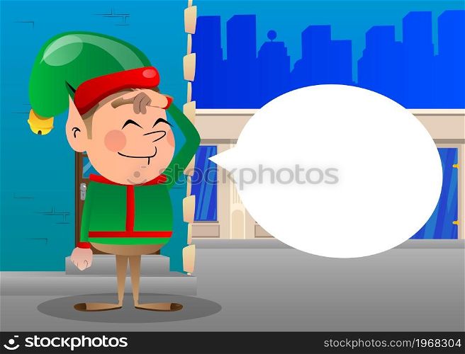 Christmas Elf confused, scratching his head. Vector cartoon character illustration of Santa Claus's little worker, helper.