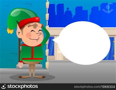 Christmas Elf confused, scratching his head. Vector cartoon character illustration of Santa Claus's little worker, helper.